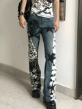 Vevesc American Vintage Washed Skull Leopard Print Micro-flare Jeans Fashion High Street Hot Girl Micro-flared Pants Y2k Trousers