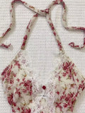 Vevesc  French Elegant Tanks Bow Halter V Neck Sleeveless Lace Flower Print Crop Top Summer New Sexy Y2k Female Slim Women Clothing 2025