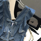 Vevesc  French Chic Y2k Vest Shirts V Neck Sleeveless Ruffles Backless Lace Up Denim Blouses Summer 2000s Harajuku Design Girl Clothing