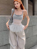 Vevesc Hot Girl Slip See Through Cover Up Ruffled Sexy Slim Patchwork Summer Fashion Sleeveless Short Vest Top Pullover Female