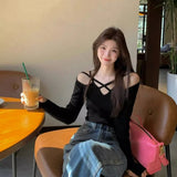 Vevesc Harajuku Grunge Knitted T-shirt Women Sexy Hollow Out Slim Fit  Y2k Aesthetic Tops Autumn Streetwear Black Cross Fairy T-Shirts