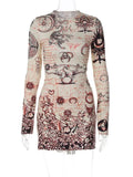 Vevesc  Casual Lace-Up Y2k Dresses One Piece Sexy Short Round Neck Long Sleeve Streetwear Slim New Vintage Print Patchwork Summer Dress