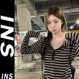 Vevesc American Black Gray Striped T-shirts for Women Autumn New Hoodie Tops Mujer Y2k E-Girl Slim Fit Long Sleeve Tee Shirt