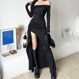 Vevesc Elegant Folds Split Dress Y2K Black Korean Slim Slash Neck Long Sleeve Midi Dress Spring Streetwear Lady All Match Dress New