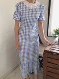 Vevesc  Korean Chic Dress O Neck Puff Sleeve Plaid Lace Hook Flower Ruffles Patchwork Long Dresses Summer Female Slim Women's Clothing