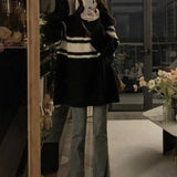 Vevesc Mid Length Women Oversize Sweaters Long Sleeve Y2k Japanese Vintage Striped Knitted Pullovers Preppy Style O Neck Sueter Mujer