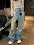 Vevesc Woman Y2k Grunge Baggy Low Waist Bottoms Hole Ripped Jeans Denim Pants Floor-Length Vintage Trousers Japanese Kpop  2000s Baddie