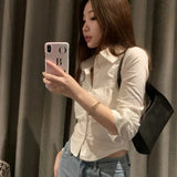 Vevesc White Shirts Women Korean Fashion Long Sleeve Slim Chic Crop Tops Office Lady Solid Turn Down Collar Button Casual Blouses