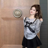 Vevesc American Fashion Fairy Pleated Constrast Color Design Chic Hollow Out High Street Women Clothing Y2k Aesthetic Slim Fit Tops