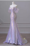 Vevesc  Purple Laser Sequin Beaded Mermaid Women Evening Dress with Puff Sleeves Tassel Pearls Tulle Train Prom Gown
