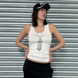 Vevesc 2000s Y2k Tank Top Tie Printed White Ribbed Crop Tops Womans Clothing Street Fashion Graphic Tees Summer