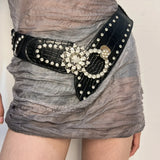 Vevesc  Women Sexy Rhinestone Belts Bling Vintage Flower Punk Metal Buckle Y2K Wide Waistband PU Leather Belt for Skirt Accessories