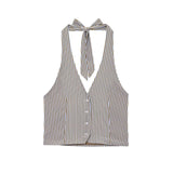 Vevesc  New Women's Casual Elegant Modern European and American Retro Style Hanging Neck Tank Top&Pants Set