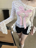 Vevesc Sweet Lace Sexy Off The Shoulder Japan Style T Shirts Y2k Aesthetic All Match Slim Popular Clothing American Streetwear Tops