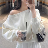 Vevesc  Irregular Skew Collar Hoodies Women Tops Solid Korean Fashion Chic Elegant Sweatshirts Spring Autumn Sweet Sudaderas