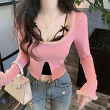 Vevesc Sexy Patchwork Lace Halter Fake Two Piece Korean Moda Popular Spliced Warm O Neck Long Streetwear Tops Punk Korean Girl Clothes