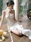 Vevesc Summer White Ruffled France Elegant Dress Women Open Fork Designer Fairy Dress Female Korean Fashion Suspender Midi Dress
