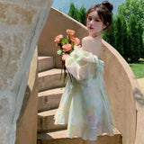 Vevesc Summer Chiffon Floral Print Dress Women Sexy Beach Party Mini Dress Female Casual Korean Fashion Holiday Kawaii Fairy Dress