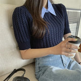 Vevesc Spring Summer Knitting T-shirts Simple Hemp Pattern O Neck Solid Knitted Tees Short Sleeve Korean Fashion Ropa De Mujer