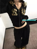 Vevesc American Street Retro Leopard Print Fashion Tops Mujer Autumn Winter New Slim Fit Coat Women Y2k Long Sleeve Zipper Jackets