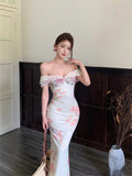 Vevesc  Spring Sweet Flower Printed Bodycon Vestidos Slash Collar Mesh Slim Fit Short Sleeved Dress for Women Summer Sexy Sheath Dresses
