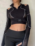 Vevesc Grunge Patchwork Gauze Harajuku Crop Tops Women Y2k Aesthetic Zipper Slim Fit Tees Streetwear Vintage Fairy Hollow Out T-shirts