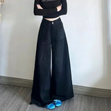 Vevesc Black Gray Full Length Wide Leg American Vintage Trousers Y2k Straight Chic Jeans Women High Waist Denim Flare Pants