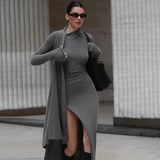 Vevesc Asymmetrical Knit Long Dresses For Women Winter Fashion Kendall Outfits Gray Black Sexy Long Sleeve Slit Dress