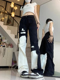 Vevesc Trend Street Black White Denim Pants Women Y2k E-Girl High Waist Irregular Trousers Summer Loose Straight Wide Leg  Jeans