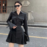 Vevesc Early Autumn New Lapel Neck Black Blouses Sexy Slim Waist Ruched Shirts Women Y2k Grunge Long Sleeve Blusas Mujer Dress