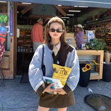 Vevesc Y2k Winter Jacket Womens Blue Solid Color Spliced Cotton Clothes Autumn and Winter New Loose Simple Cotton Clothing Tops