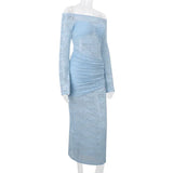Vevesc  Women's Lace Long Dress Fashion Sexy One Shoulder Long Sleeve Patchwork Slim Dress Summer Party Club Holiday Dresses Y2k