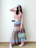 Vevesc Ethnic Style Plaid Pattern Patchwork Half Length Skirt Women Summer Vintage Contrasting Colors Loose Office Lady All-match Skirt