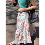 Vevesc Sweet Plaid Print Mixed Loose Skirt for Women Y2k E-Girl Mid-length A-line Skirts Summer New High Waist Faldas Mujer