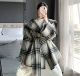 Vevesc Korean Woolen Coat Belt Plaid Double-Sided Woolen Coat Women'S Casual Outerwear Autumn Winter