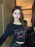 Vevesc American High Streer Lrregular Design Neck Y2k Aesthetic Clothes All Match Leeter Print Slim Fit Shirts Harajuku Base Girl Top