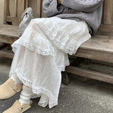 Vevesc  Lace Ruffles Sweet Long Skirts Spring Autumn Korean Fashion Retro Faldas Mujer Elegant High Waist Solid Women Skirt