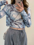 Vevesc Long Sleeve T-shirts Women Tie-dye Printed Summer Sun-proof Cropped Tops Fashion High Street Gauze Korean Style Chic Teens Retro