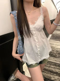 Vevesc Sweet Fashion V-neck Lace White Camisole Tops Mujer 2024 Summer New Vest For Women Y2k E-Girl Sleeveless Loose Tank Top