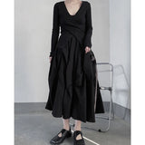 Vevesc Gothic Pleated Midi Skirts Women Y2K High Waist Folds A Line Skirt Streetwear Korean Harajuku Elegant Slim Chic Ball Gown