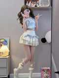 Vevesc Sexy Sweet Cool Moda Fashion Popular Two Piece Sets High Waist Spliced Lace Constrast Color Tops Y2k Bow Design Tiered Skirts