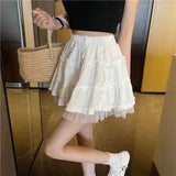 Vevesc Kawaii Mini Skirt Lolita Lace Ruffles Patchwork Sweet Women Preppy Style Solid Korean Fashion Female High Waist Skirts