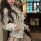 Vevesc Vintage Lace Shirts Women Streetwear Ruffles Tunic Crop Tops Blouses Sweet Korean Elegant Long Sleeve Slim Casual Blouses