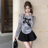 Vevesc American Fashion Fairy Pleated Constrast Color Design Chic Hollow Out High Street Women Clothing Y2k Aesthetic Slim Fit Tops