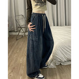 Vevesc Y2K Vintage Oversized Loose Cargo Jeans Women Elastic Big Pocket Wide Leg Denim Pants Fashion Hip Hop Casual Straight Trousers