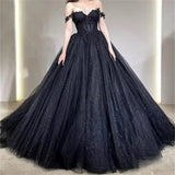 Vevesc Sexy Black Prom Dresses Sweetheart Off The Shoulder A-Line Tulle Lace Applique Backless Vestidos De Gala Evening Gowns For Women