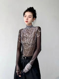 Vevesc 3D Pearl Print Half-high Collar T-shirts Spring New Slim Fit See Through Mesh Tees Y2k E-Girl Long Sleeve Bottoming Tops Women