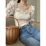 Vevesc Elegant Slash Neck Shirts Women Summer Lace Patchwork Crop Tops Sweet Korean Square Collar Puff Short Sleeve Slim Blouses