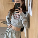 Vevesc American Vintage High Waist Sudaderas Mujer Letter Slim Y2k Women Hooded Chic Preppy Style Crop Tops Sweatshirts Short