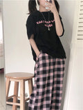 Vevesc Harajuku Pink Plaid Pants Women Japanese Y2K Cute Checked Trousers Oversized Korean Fashion Basic Wide Leg Sweatpants